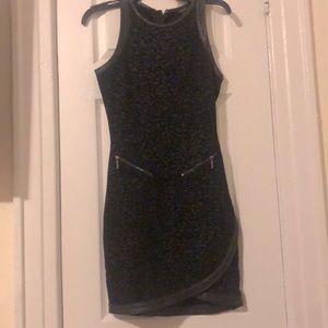 Subtle leapord print black dress with leather